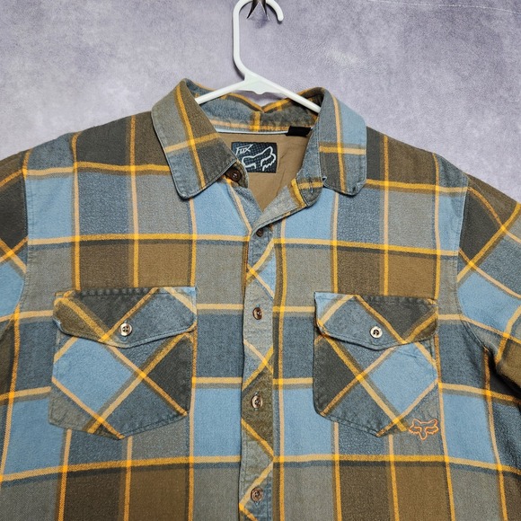 Fox Plaid Long Sleeve Flannel Shirt Mens Size L Blue Brown Gold - Picture 4 of 16
